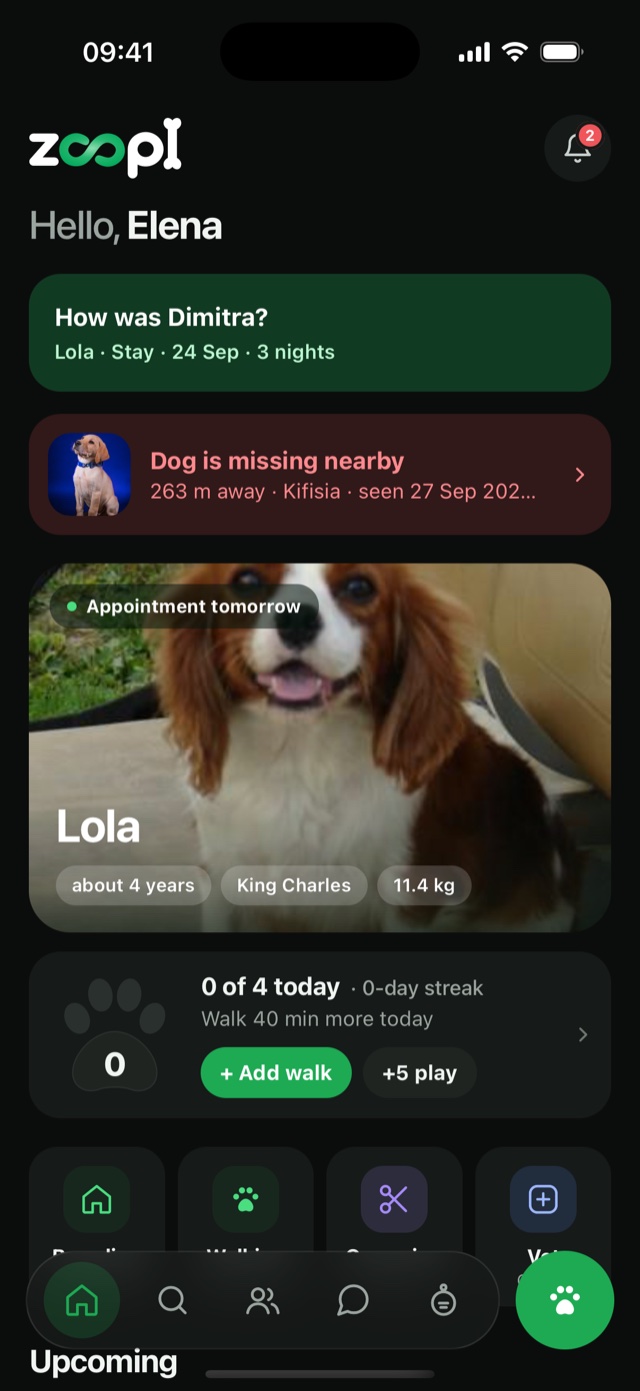 The Zoopi home screen: the stay just finished waiting for a review, the dog, today's walking goal, and the four things you can book.
