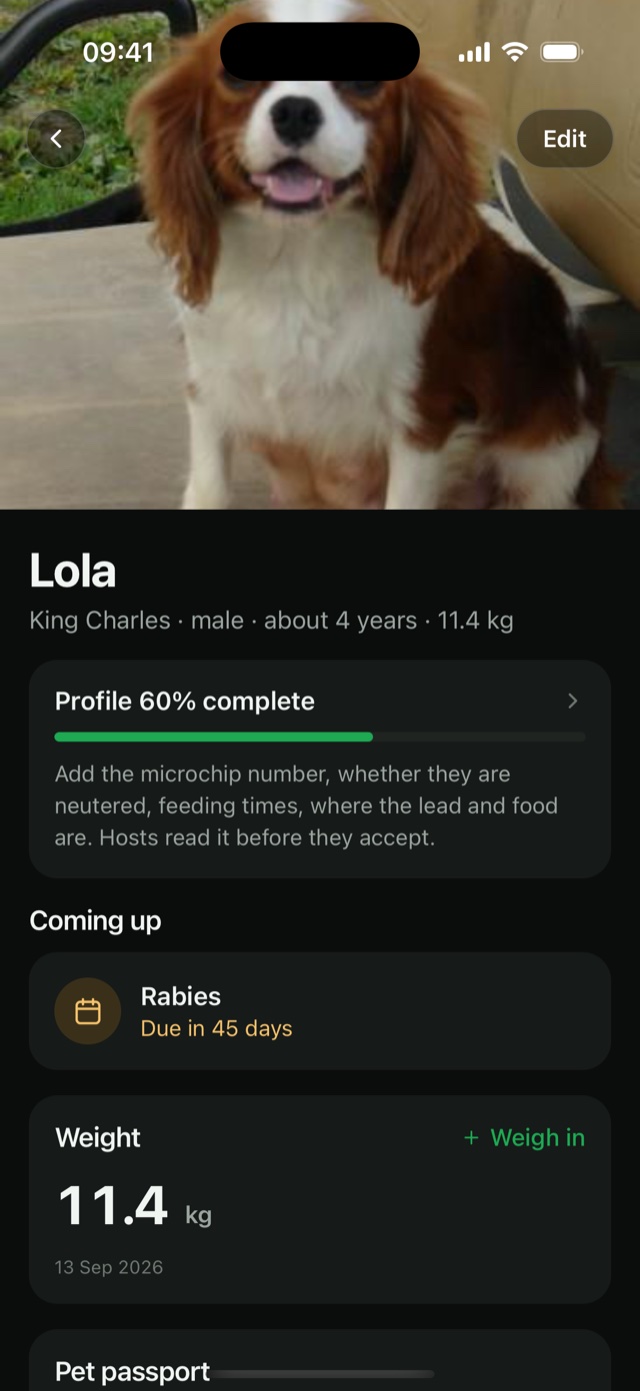 A pet page in Zoopi: the next vaccination due in 45 days, the weight, and how complete the profile is.