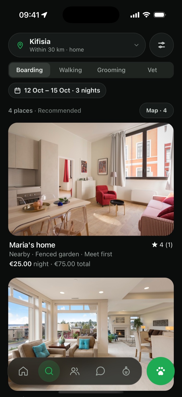 Boarding near you in Zoopi: places by distance, with a fenced garden, a meet first, the rating and the price for the nights you picked.